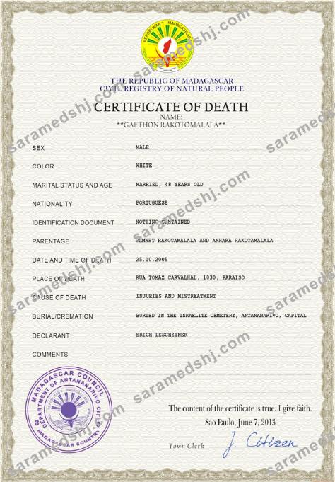 Madagascar vital record death certificate PSD template